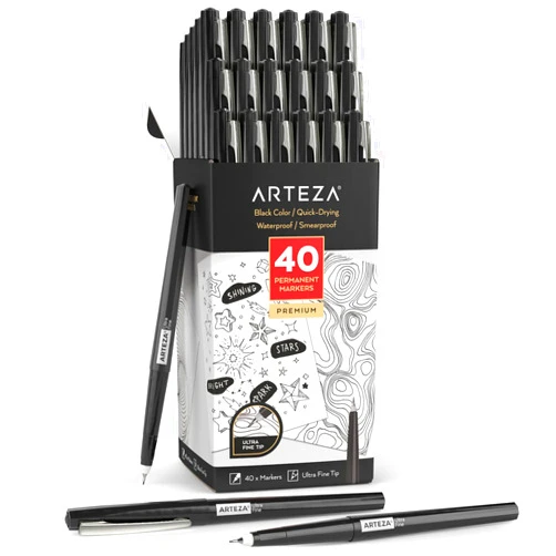 ARTEZA Permanent Markers, 40 Black Pens, Ultra-Fine Tip Paint Pens, Quick-Drying, Water Resistant, for Calligraphy and Note Taking, Office, Classroom