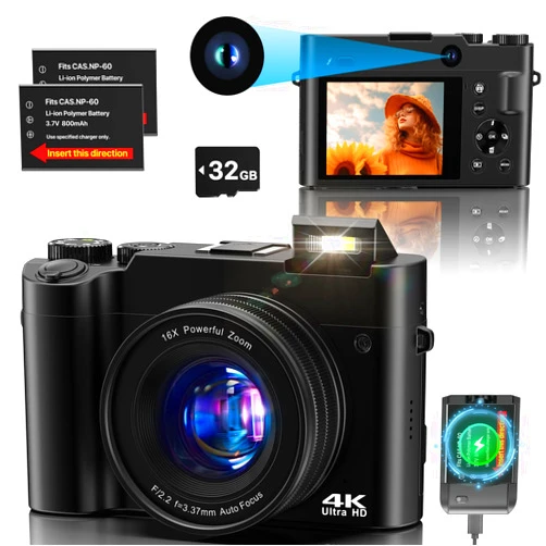 NINIVISION 4K Digital Camera, 64MP Dual Cameras for Photography Autofocus Anti-Shake, Video Vlogging Camera for YouTube, Compact Travel Camera with 32GB SD Card, 16X Digital Zoom, Flashlight, 2 Batteries+Charger