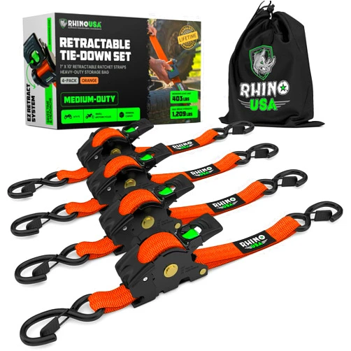 Rhino USA Retractable Ratchet Tie Down Straps (4PK) - 1,209lb Max Break Strength, Includes (4) Ultimate 1