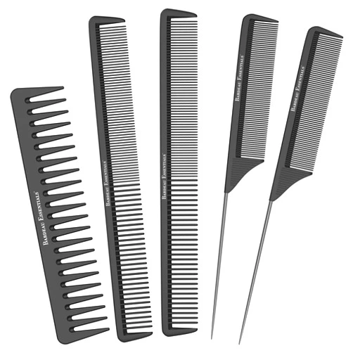 Bardeau Essentials Salon Styling Combs | 5 Piece | Professional Black Carbon Fiber Hair Combs | Detangling Comb | Rat Tail Comb | Teasing Comb | Salon Grade Combo Comb Set for Men and Women by Bardeau Essentials