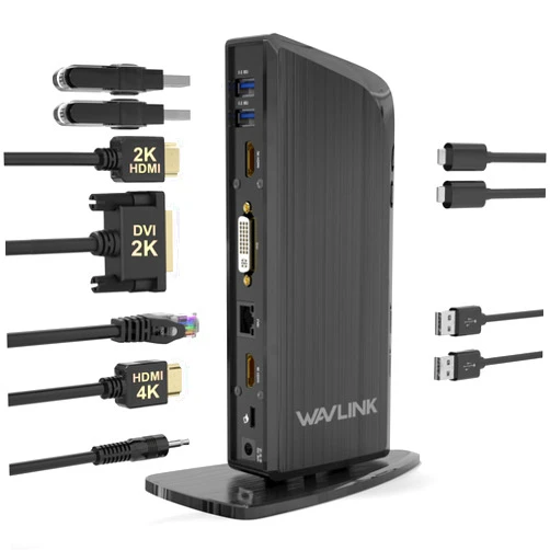 WAVLINK USB 3.0 or USB C Docking Station,13-in-1 USB-C Triple Display Universal Laptop Dock with 100W Power Adapter, 65W PD Charging for Laptop, 4K/2k HDMI, DVI, 4xUSB, 2xUSB Type-C, Ethernet, Audio