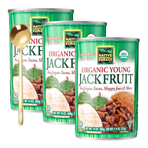 moofin Native Forest Organic Young Jackfruit, 14 Ounces - Versatile Vegan Meat Substitute, Gluten-Free, Ready-To-Eat, Ideal For Tacos Sloppy Joes, Bundled With Golden SS Spoon, Soy-Free [Pack of 3]