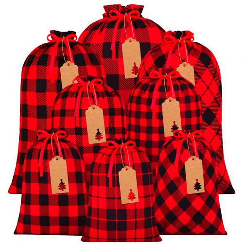 Aneco 8 Pack Xmas Gift Bags Reusable Buffalo Plaid Party Favors Bags Assorted Size Christmas Bags for Gifts with Drawstrings (Tags and Rope Included)