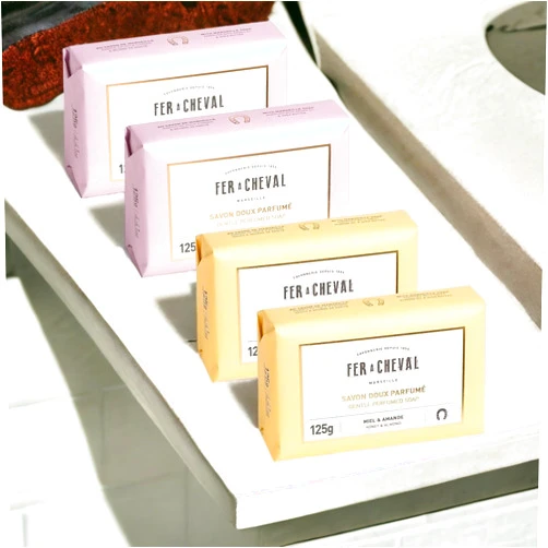 Fer a Cheval Fer à Cheval Luxury Bath Soap Bar 4-Pack - Organic, Gentle & Perfumed with Fig Leaves/Honey & Almond- Natural Body Cleanser for Women & Men - Infused with Argan Oil & Shea Butter, 125g Each