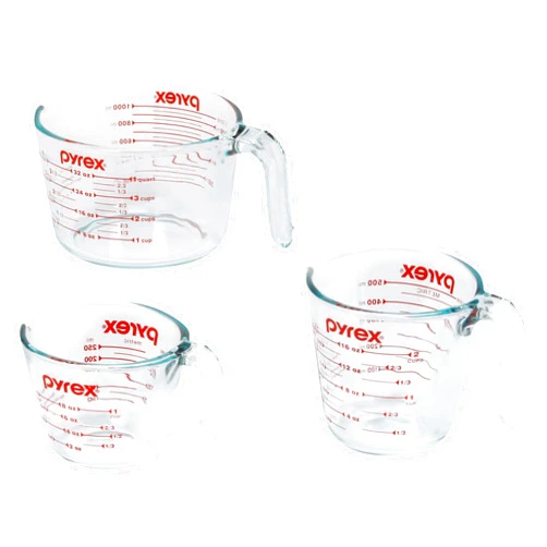 Pyrex 3 Piece Measuring Cup Set, Includes 1, 2, and 4 Tempered Glass Liquid Measuring Cups, Dishwasher, Freezer, Microwave, and Oven Safe, Essential Kitchen Tools