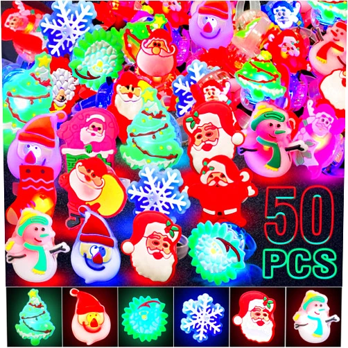 AIVEI 50Pcs Christmas Party Favors for Kids, Light Up Rings Christmas Stocking Stuffers, Led Rings Bulk Christmas Gifts, Flashing Finger Rings Glow in the Dark Party Supplies Christmas Toys