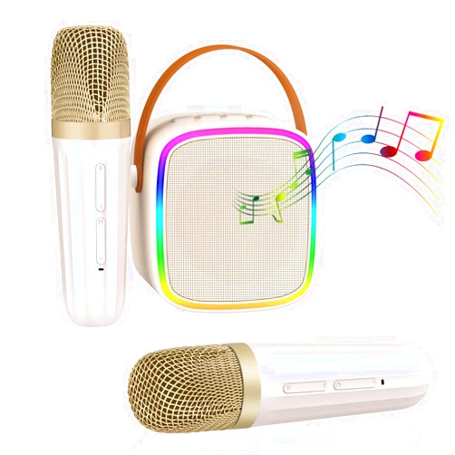 Alversun Karaoke Machine for Kids and Adults, Mini Karaoke Machine with 2 Microphones Wireless Bluetooth Karaoke Speaker with Led Lights, Toys for Girls 3-12 Years Birthday (Beige)