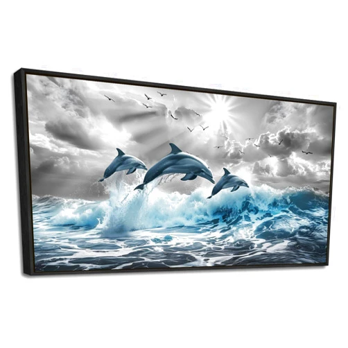 hyidecorart Black Framed Wall Art For Living Room Large Wall Decoration For Bedroom Modern Home Decor Office Canvas Art Print Artwork Dolphins Seascape Wall Paintings Blue wave Pictures 30X60
