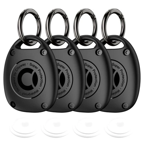 CITYWAY (4 Pack) for AirTag Keychain Holder Case | IPX8 Waterproof, Ultra-Compact | Portable Air Tag Holder Cover for Backpack, Keys, Luggage - Black