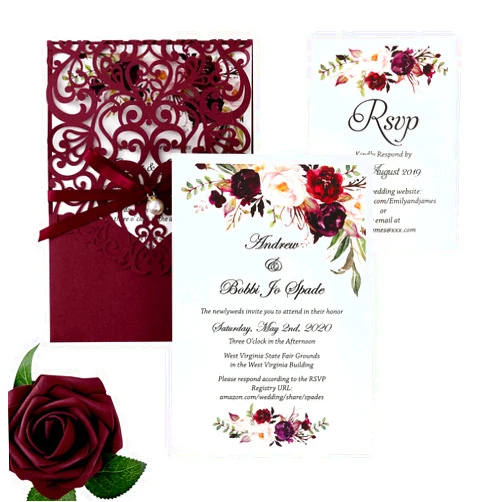 DreamBuilt 5X7.2 Inch 50PCS Personalized Laser Cut Burgundy Wedding Invitations with RSVP Cards and Envelopes, Wedding Invitation Cards with Ribbon Belly Band Pearl Embellishments