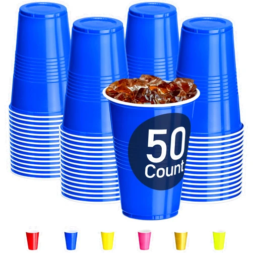 DecorRack 50 Count Blue Party Cups, 16 oz BPA Free Plastic Cups, Perfect for Birthday, Picnic, Indoor and Outdoor Event, Stackable, Reusable, Disposable Round Beverage Drinking Cups (50 Pack)