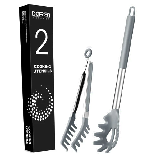 DaiRen Kitchen Spaghetti Spoon and Pasta Tong, Non-stick Silicone Spoon Server Fork with teeth and Stainless Steel Handle Spaghetti Tong, Food Clip for Spaghetti Noodle, Grey