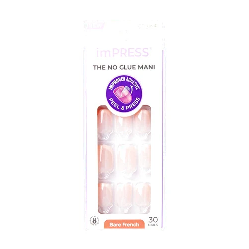 ImPRESS KISS imPRESS No Glue Mani Press-On Nails, French, Heroic', Light Neutral + White Tip French, Short Size, Squoval Shape, Includes 30 Nails, Prep Pad, Instructions Sheet, 1 Manicure Stick, 1 Mini File