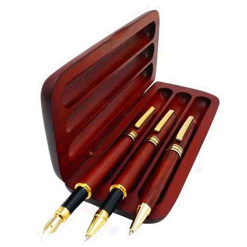 Ren Handcraft 3 Pcs Wooden Pens Set with Gift Case/Best Writing Fountain Fancy Ballpoint Pen and Luxury Gel Pen with Ink Refills, Promotional Business Designer Pens
