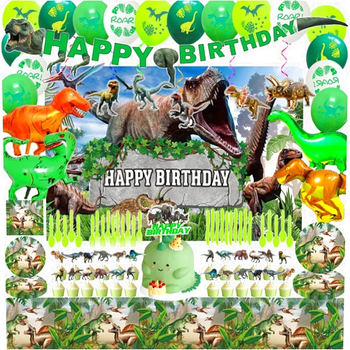 Generic Dinosaur Birthday Party Supplies Decorations Include Backdrop, Tablecloth, Birthday Banners, Cake Decoration, Cupcake Toppers, Latex Balloons, Hanging Swirls, Tableware Set, Aluminum foil Balloon