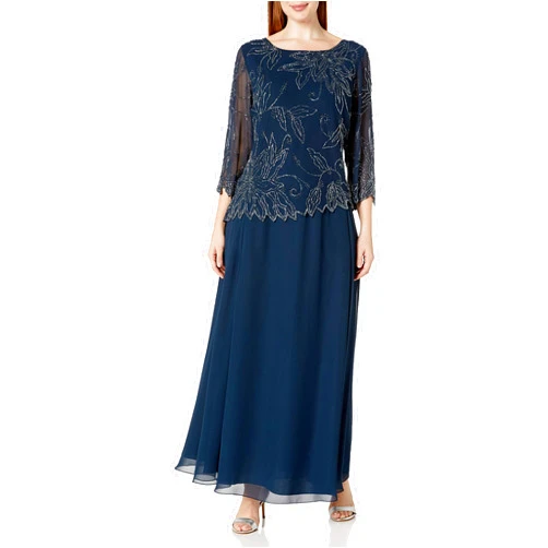 J Kara Plus Size Womens Sheer Sleeve Floral Beaded Long Dress