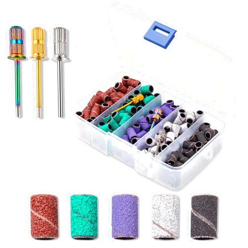 Lumcrissy Nail Drill Bits Sanding Bands for Nail Drill, Lumcrissy Sanding Band with Storage Box,Include 250 Superfine Grinding Wheel Sand Bands and 3 Pieces Mandrel for Most Size 3/32