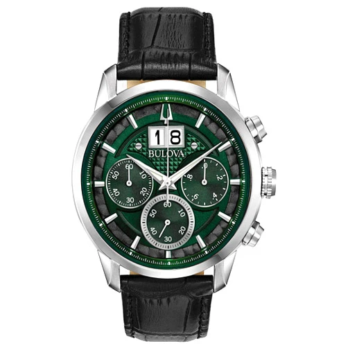 Bulova Men's Classic Sutton 6-Hand Chronograph Calendar Big Date Leather Strap Quartz Watch, Domed Mineral Crystal, 44mm