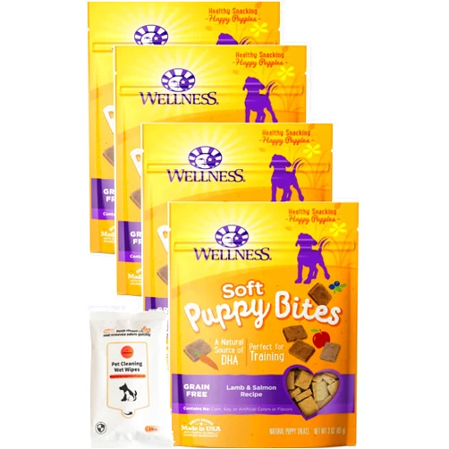 Aurora Pet Bundle Set (4) Wellnes Soft Puppy Bites Lamb & Salmon Recipe Grain-Free Dog Treats (3-oz Each) with AuroraPet Wipes