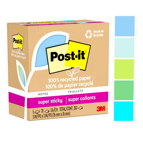Post-it 100% Recycled Paper Super Sticky Notes, 2X The Sticking Power, 3x3 in, 5 Pads, 70 Sheets/Pad, Oasis Collection (654R-5SST)