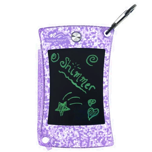 Boogie Board Jot Pocket Writing Tablet Doodle Board Kids Travel Essentials LCD Screen Instant Erase Stylus Pen Kickstand Drawing Pad Girls Boys Educational Toy Birthday Gift Shimmer Collection Purple