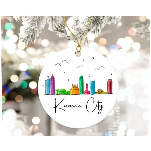 HKDesignGift Kansas City Ornament, Kansas City Christmas Ornament, Landmarks Xmas Ornament, Colorful City Skyline Graphic, New City Gifts for Christmas Printed on Both Sides
