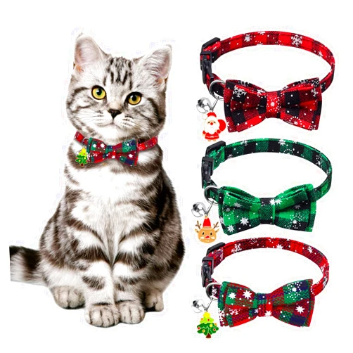 YUJUN 3Pack Christmas Cat Collars Breakaway with Bow tie and Bell Christmas Adjustable Plaid Snowflake Collar Buckle Safety for Puppy Kittens