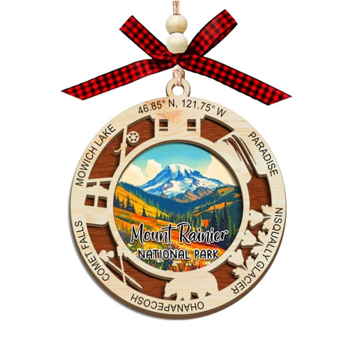 Lerime66 Mount Rainier National Park Christmas Ornament, 2 Layer Wood Laser Cut Design, Holiday Tree Decoration, Travel Souvenir Gift, Mt. Rainier & Glacial Peak Memory