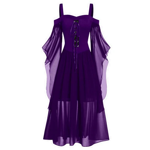 FRMUIC Renaissance Gothic Dress for Women Halloween Costume Off Shoulder Lace Trumpet Sleeve Dresses Medieval Steampunk Dress
