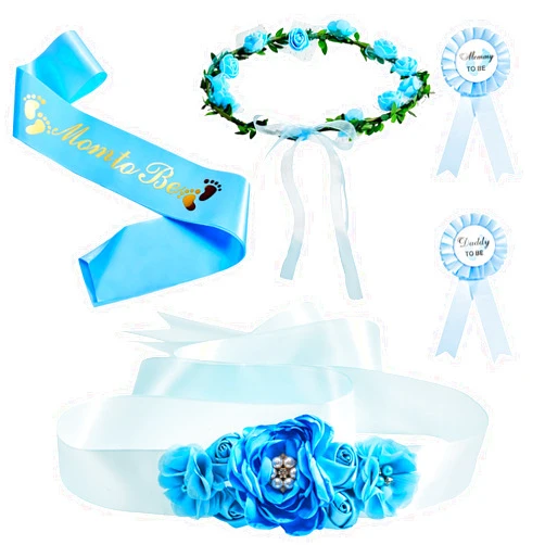Xinnun 5 Pcs Baby Shower Maternity Sash Kit Shoulder Sash and Pin Daddy Corsages Flower Crown Pregnancy Sash Rose Wreath Headdress for Baby Shower Pregnancy Parents Prop Present Party Favor(Blue)