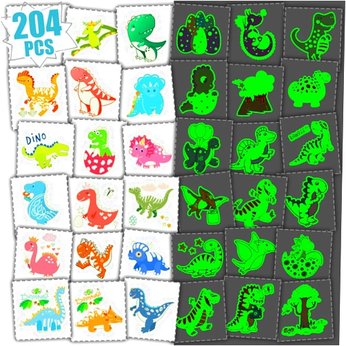 Partywind 204 Styles Glow Dinosaur Party Supplies, 34 Sheets Dinosaur Temporary Tattoos for Kids Goodie Bag Stuffers, Glow Dinosaur Tattoos for the Dark Party Decorations