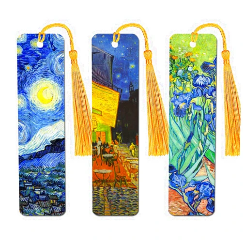 WIRESTER Set of 3 Metal Bookmarks with Light Gold Tassel for Students, Reader, Teachers, Book Lovers - The Starry Night Van Gogh, Cafe Terrace at Night Van Gogh, Irises Vincent Van Gogh