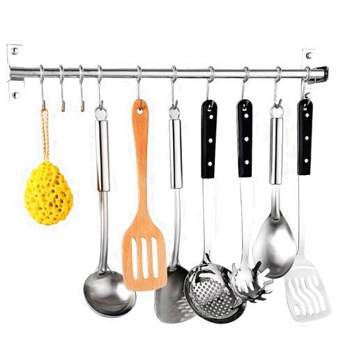 HanDingSM Kitchen Sliding Hooks, Stainless Steel Hanging Rack Rail Organize Kitchen Tools with 10 Utensil Removable S Hooks for Towel, Pot Pan, Spoon, Coats, Bathrobe, BBQ,Wall Mounted Hanger