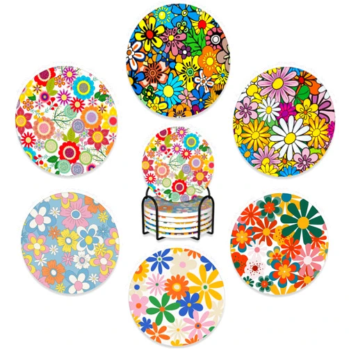 BUYIDUI 6 Pcs Coasters for Drinks with Holder,Retro Colorful Daisy Flowers 70s Hippie Floral Absorbent Coaster with Cork Backing,Great Gift for Housewarming,Room Decor,Bar,Holiday Party