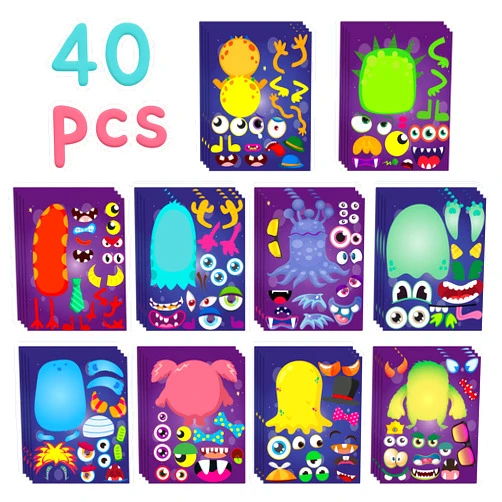 MALLMALL6 40Pcs Halloween Monsters Make a Face Stickers Sheets for kids Make Your Own Little Monster Party Favors Supplies Art Crafts DIY Creative Project Birthday Baby Shower Decor for Kids