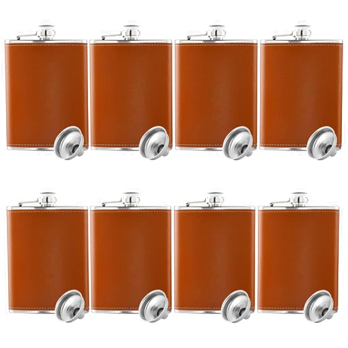 NSUEJIE Leather Hip Flask Stainless Steel with Funnel for Gift, Camping, Wedding Party, 8 Oz, Set of 8