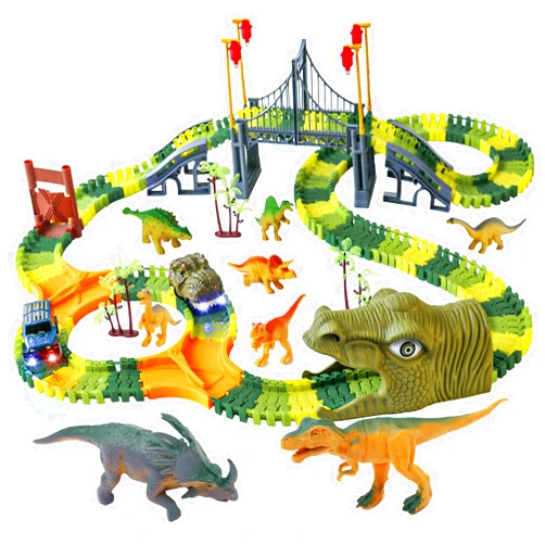 IQKidz Dinosaur World Race Track Toys - 216pcs Flexible Track Playset with 1 Dinosaur Car, 1 Race Car, 6 Dino Toys, for Kids 3 4 5 6 Year & Up Old (Boys and Girls)