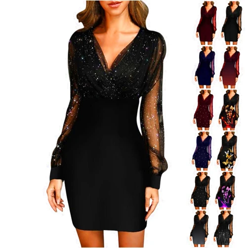 Generic Cocktail Dress for Women,2024 Elegant Sexy Wrap V Neck Skinny Party Dress,Trendy Mesh Patchwork Long Sleeve Dress