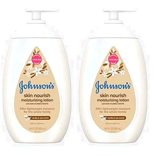 Johnson's Baby Skin Nourish Moisturizing Baby Lotion for Dry Skin with Vanilla & Oat Scents, Gentle & Lightweight Body Lotion for The Whole Family, Hypoallergenic, Dye-Free, 16.9 fl. oz (Pack of 2)