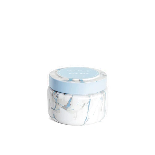 Capri Blue Modern Marble Printed Travel Tin Jar Candles - Luxury Decorative Candles for Home Scented - Long Lasting Soy Wax Blend - Blue Jean (8.5 oz)