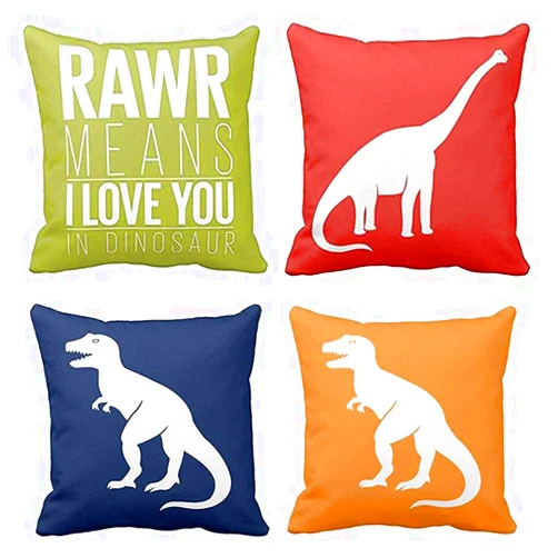 Emvency Set of 4 Throw Pillow Covers Dinosaur Tyrannosaurus in Rawr Brachiosaurus Red Navy Blue Prehistoric Paleontologist Decorative Pillow Cases Boys Room Home Decor Square 16x16 Inches