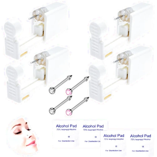RASDDER 4-Pack Disposable Self Piercing Kit with Built-in Nose Studs, Very Safe Piercing Gun, Simple and Convenient Operation, Ideal for Family Use (White + Pink)