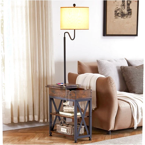 Dungoo Floor Lamp with Table, Narrow End Table with Lamp, Bedside Nightstand with USB & Type-C Ports and 2 Outlets, Rustic Side Table with Storage Shelf, End Table with Lamp for Living Room