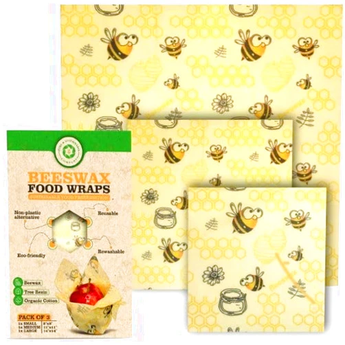 PURE & SUSTAINABLE COMPANY Beeswax Wraps - Food Storage -Pack of 3– Sustainable – Reusable - Organic Cotton Size S,M,L (Bees Print)