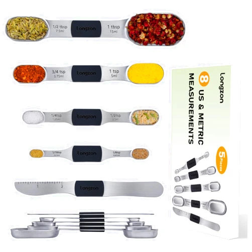 Longzon [2024 NEW] longzon 8 Full-Sized Measurements Magnetic Measuring Spoon Set with Leveler - Durable Engraved Markings, Magnetic Absorbent, Stackable Stainless Steel - Suitable for Most Spice Jars