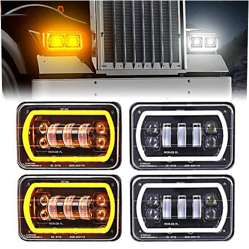 DOXMALL 4Pcs 4x6 led headlights with White Yellow Halo Ring High Low Sealed Beam H4651 H6545 H4668 H4656 LED headlight Replacement Fit for Kenworth Semi Truck Peterbilt 379 Headlights