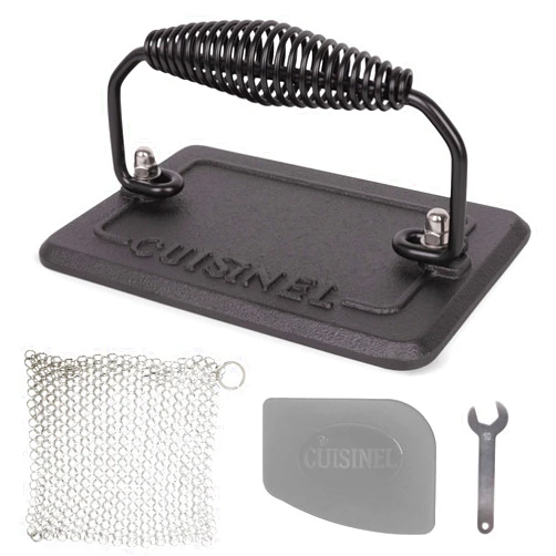 Cuisinel Cast Iron Grill Press + Chainmail Scrubber + Pan Scraper - Burger Press for Bacon, Steak, Sandwich & Hamburgers - 6.75x4.5 Rectangular Pre-Seasoned 2.8-lb Weight - Griddle BBQ Grill Accessory