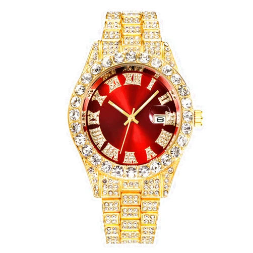 CdyBox Men Hip Hop Watch with Roman Scale Calendar Crystal Rhinestone Watches Stainless Steel Iced-Out Wrist Watch