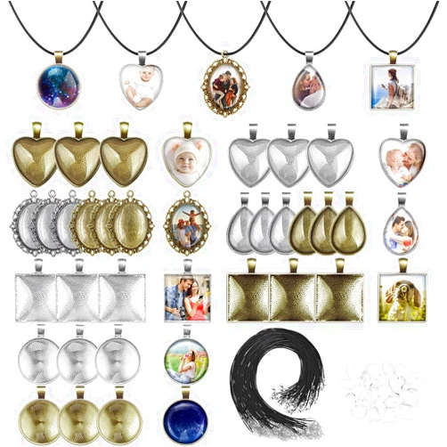 anezus Pendant Trays with Glass Cabochons for Jewelry Making, 90pcs Pendants Trays Set Including 30pcs Bezel Pendant Trays Blanks, 30pcs Glass Cabochons and 30pcs Necklaces Cords for Necklace Making
