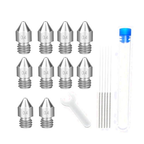 Lokkr 3D Printer Stainless Steel Extruder Nozzles Set, 10PCS Stainless Steel 0.4MM MK8 Nozzles, 5PCS 0.4MM Nozzles Cleaning Needles with Wrench for Makerbot Creality CR-10/Ender 3/3 V2/3 S1/5 Prusa i3